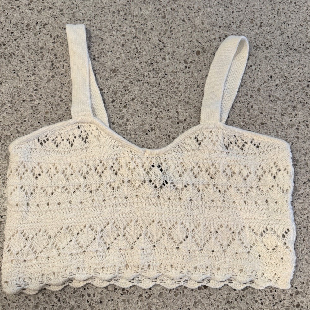 HM Divided Knit Crop Tank Top Womens Size M White Pointelle Boho Coastal‎ Indie